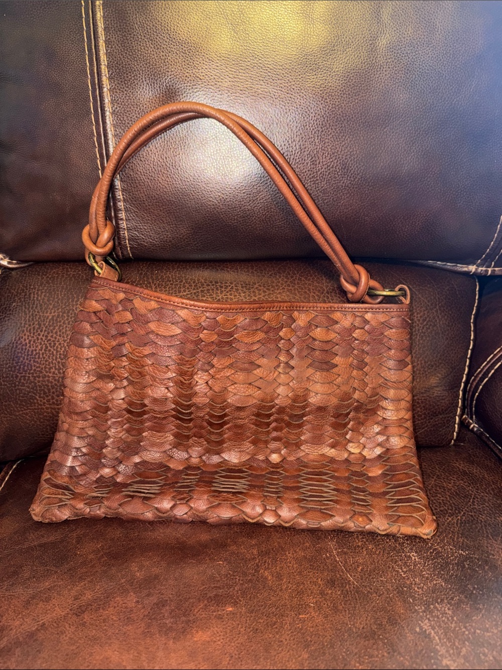 Handwoven Brown Leather Shoulder Bag with Knot Detail
